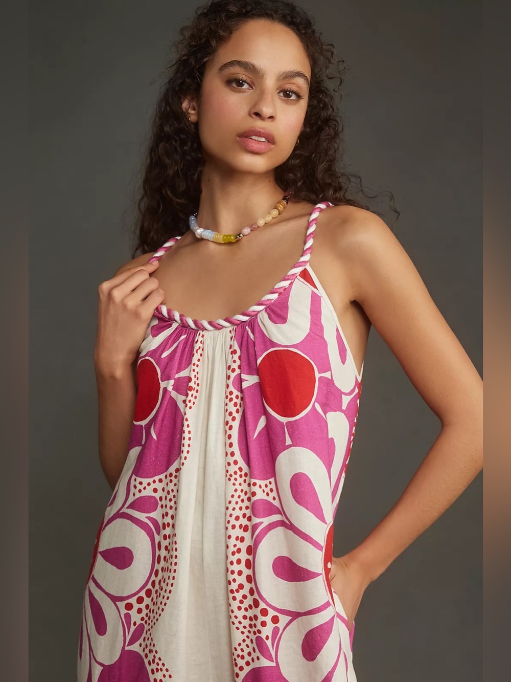 ▪️FARM Rio Maia Linen Jumpsuit Pink/Red Floral Print Size Medium - Picture 3 of 11